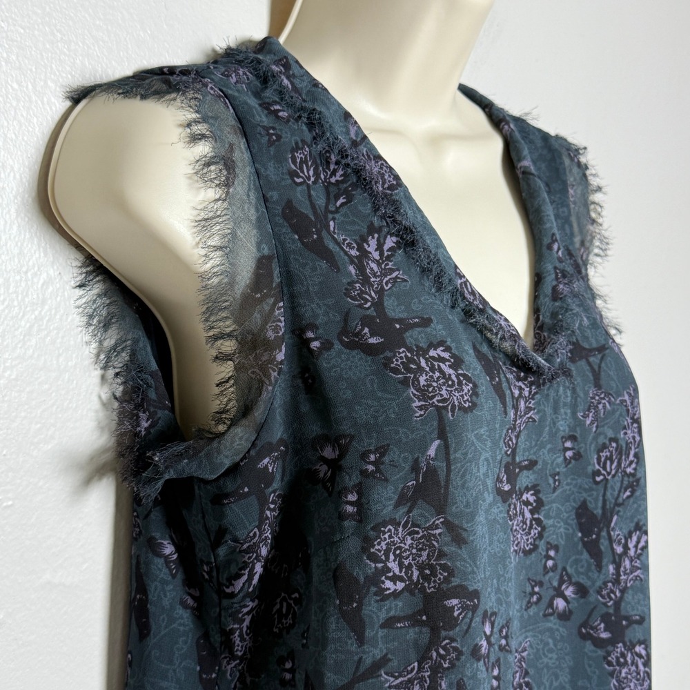 Cabi Womens Blouse XS Blue Floral Bird Fringe Hem Office Career Sheer‎ Lined - Picture 5 of 9